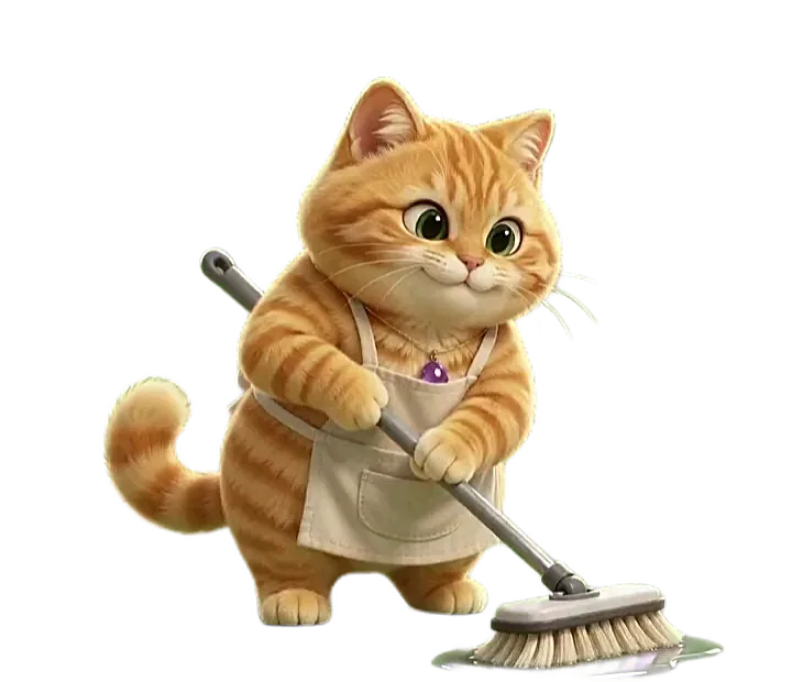 懒喵桌面宠物打扫动画：猫拿拖把把桌面拖干净